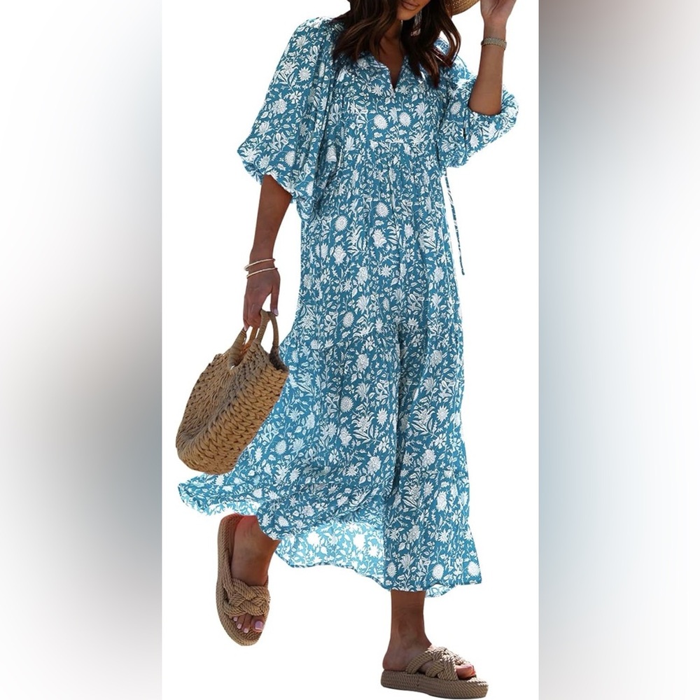 Women’s Teal Floral Boho Midi/Maxi Dress S
